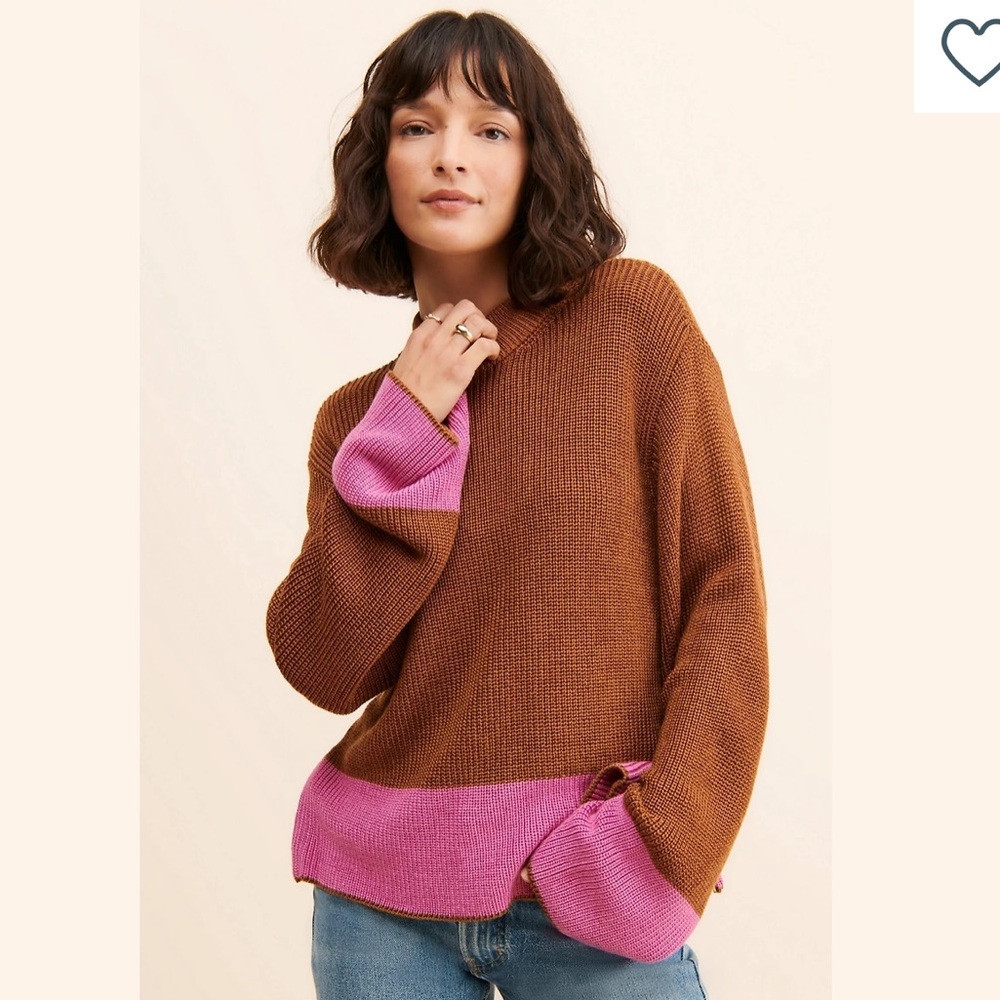 Anthropologie x Varley Panama KnitMock Neck Sweater Brown Pink Zipper Detail